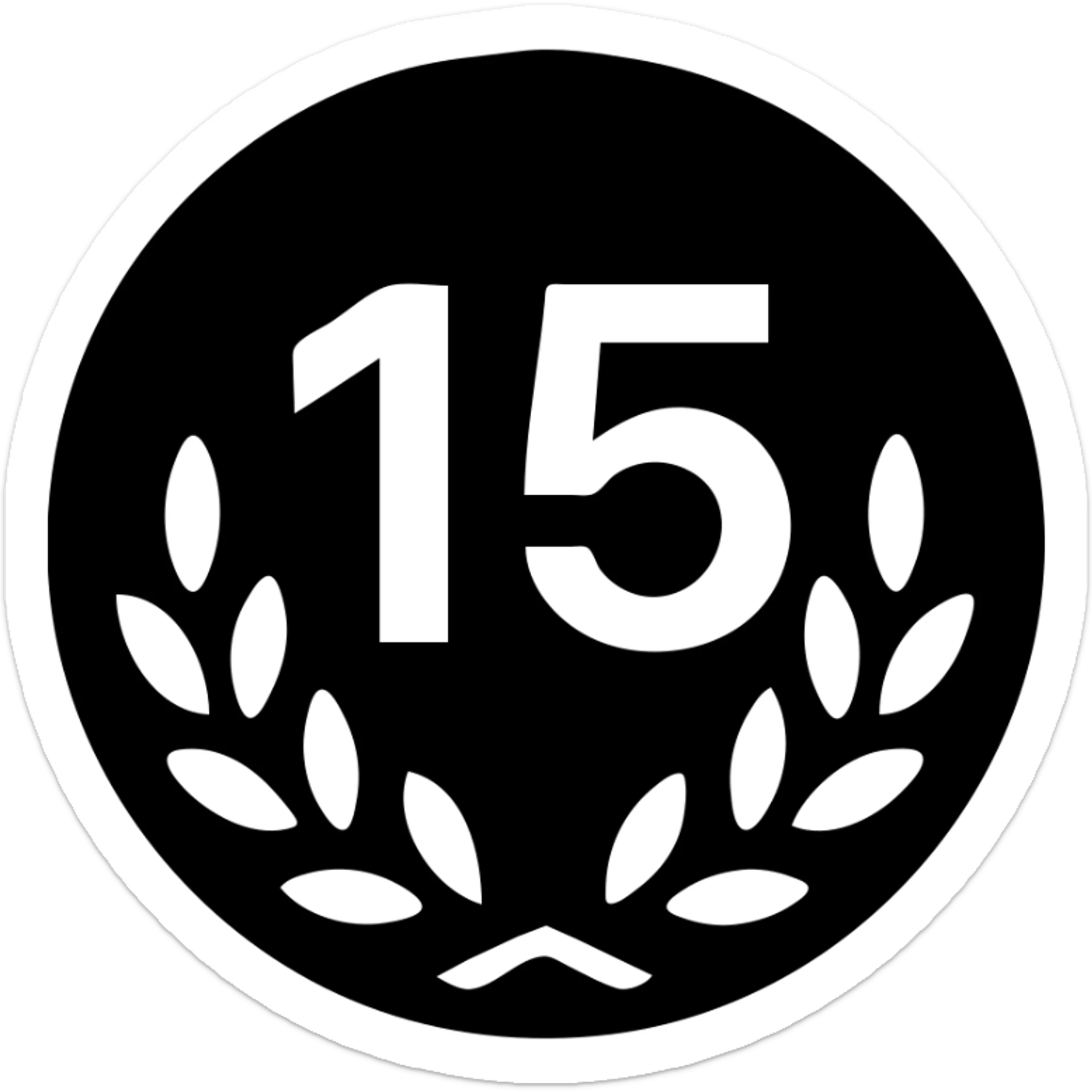 Minimalist black filled icon for 15 Years in Tourism Industry. Number 15 with a laurel or ribbon inside a circle, filled with black, matching the same color code and format as the reference images. sticker