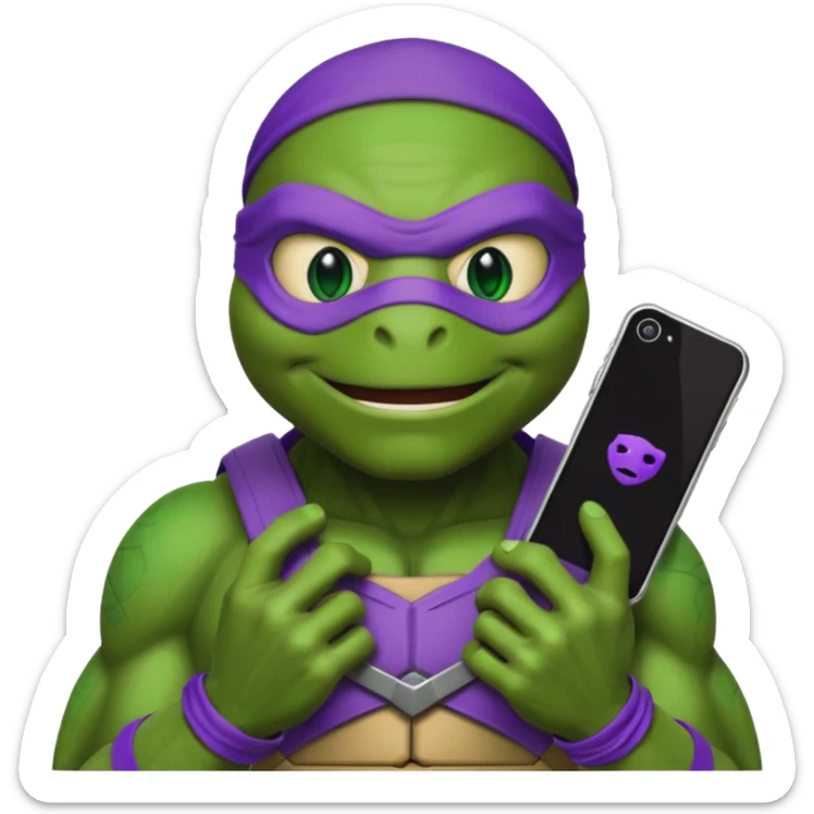 Donatello from Teenage Mutant Ninja Turtles, emoji style, head only, with a tech gadget sticker