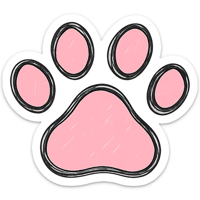 hand drawn outlined icon of a pink paw print, no fill, transparent background, thick lines sticker