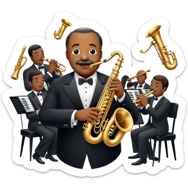 Icon for Jazz Music: Count Basie Orchestra, with Count Basie at the piano surrounded by jazz musicians playing instruments like saxophones, trumpets, and drums. Floating musical notes should capture the energetic and smooth vibe of big band jazz. Transparent background. sticker
