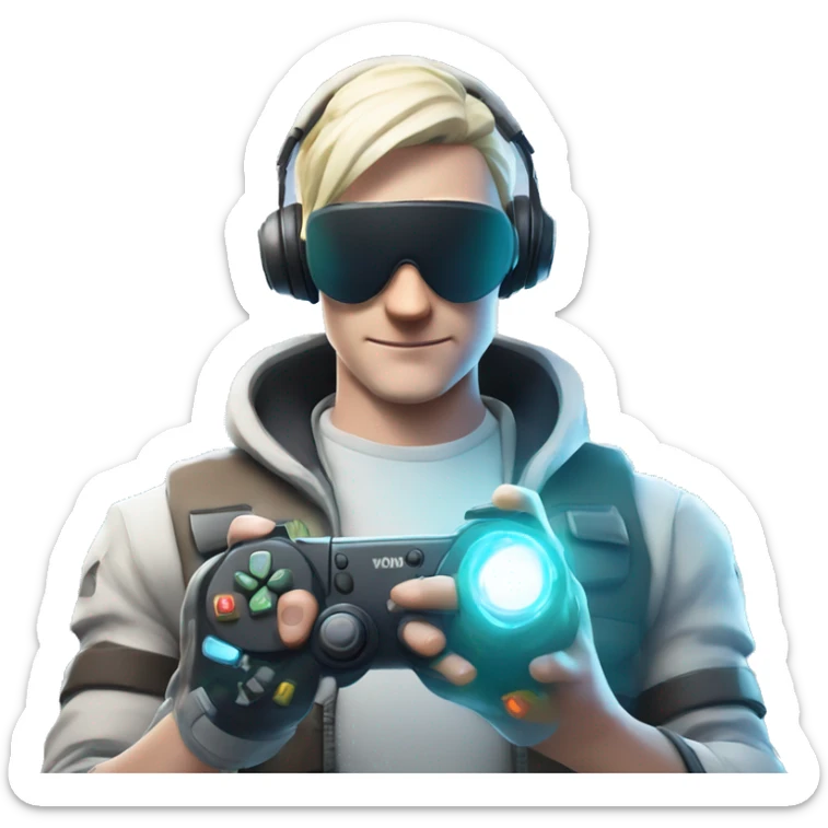 Futuristic fortnite background with a pale skin person in their 40s with a game controller playing a game sticker