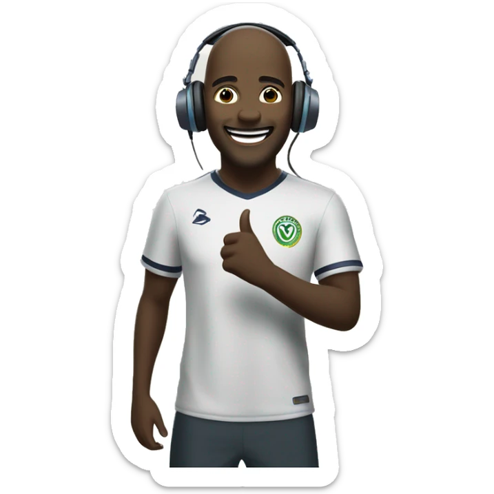 a white man is very happy because his favourite team has won a match he is wearing a headphone and standing in a ground behind him stadium is present sticker