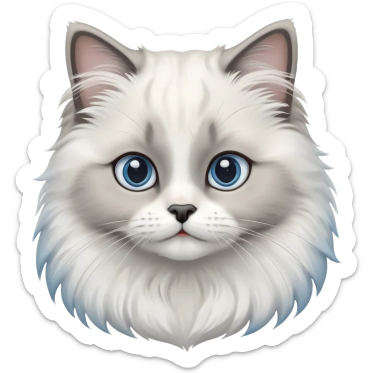cinematic-adorable-big-eyed-fluffy-white and grey-ragdoll-cat-portrait-emoji,-head-tilted-playfully-with-a-sweet-expression,-fluffy-grey seal colour with white-fur,-simplified-yet-irresistibly-cute-features-with-large,-blue eyes expression, sticker