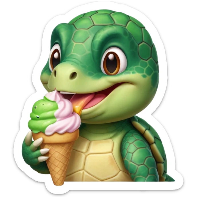 cute turtle portrait, head and shoulders only, licking an ice cream cone, funny happy expression, 3D cartoon, mobile game icon style, clean background, no text, no watermark
 sticker