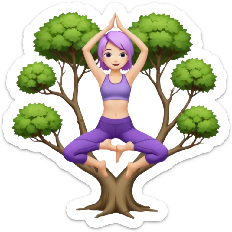 Девушка белокожая со светло-фиолетовыми волосами, в одежде для йоги, стоит в позе дерева sticker