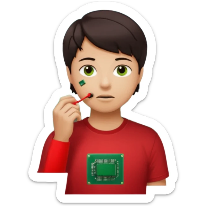 A young person wearing a red T-shirt indoors, short dark hair, holding a small green electronic circuit board near the mouth in a thoughtful pose. Warm natural lighting, window with blinds in the background, casual tech-inspired vibe. sticker