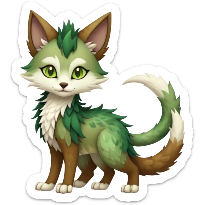 Kawaii dark cute cool brown beige white fantasy ethereal feline-vernid-sergal-fursona animal creature with a tufted tail full body with intricate markings, hazel-gold-green eyes sticker