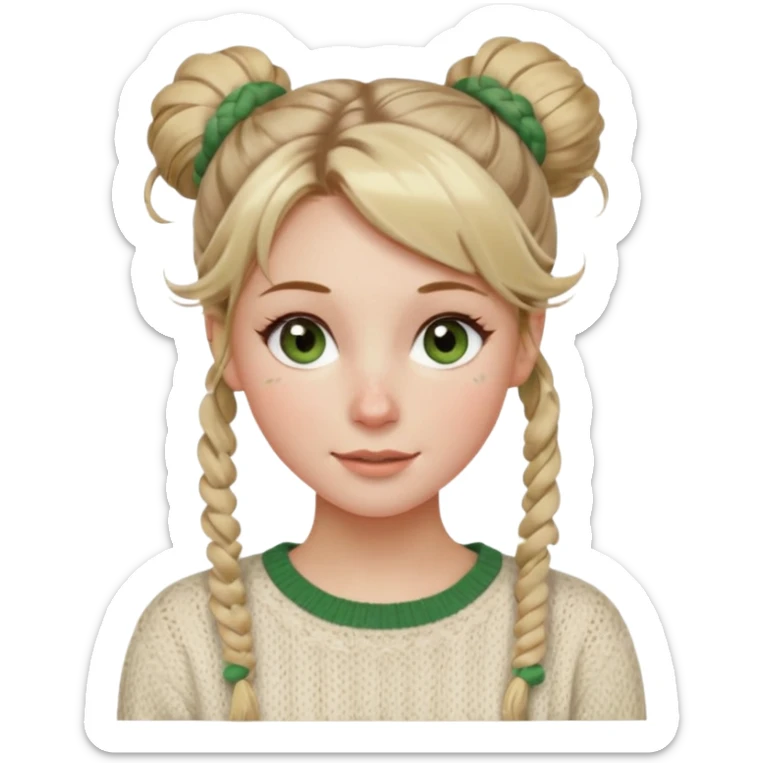 dirty blonde hazel  green eyes woman with a white cable knit sweater and one messy bun with tendrils of hair flowing down her face and she is happy pale, some freckles, blush. she has a cateye wing and long lashes sticker