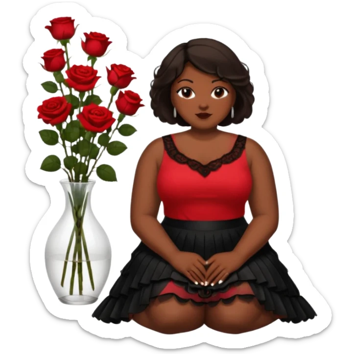 A plus-size black woman with short, straight, dark brown hair is wearing a red sleeveless shirt and a black lace ruffled skirt. She is holding a rose and sitting on the floor with her legs crossed. On the floor is a glass vase with red roses. sticker