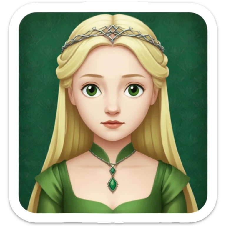 Elizabeth Woodville is the queen of York and looks like a blonde Rebecca Ferguson. She is wearing a green dress and looks like a Game of Thrones Character sticker