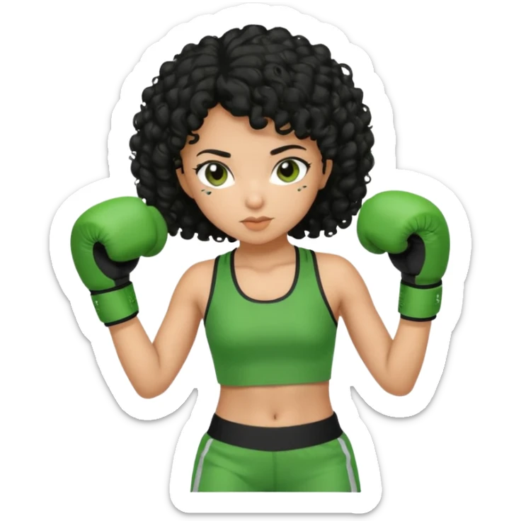 a girl with black curly hair and olive skin in a green workout outfit, boxing sticker