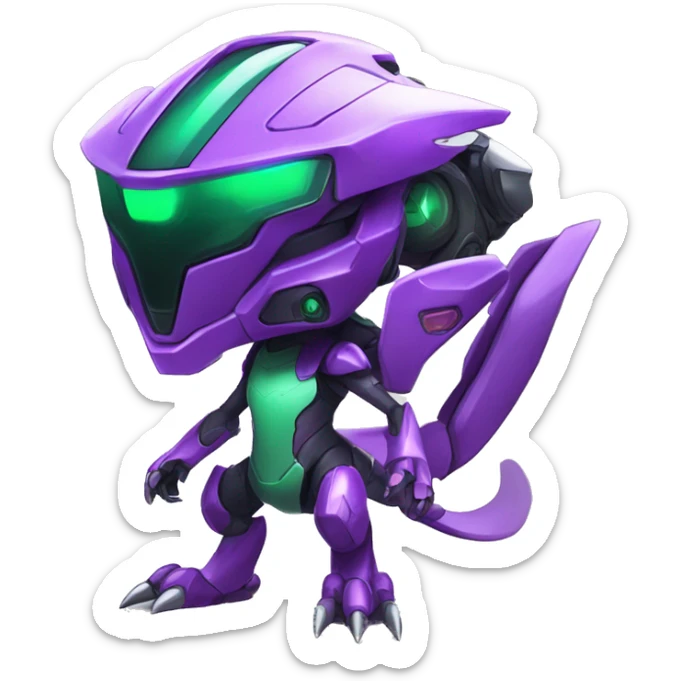 a chibi-style purple-green Genesect-Raptor-Fakémon—hybrid with a futuristic visor-helmet full body sticker
