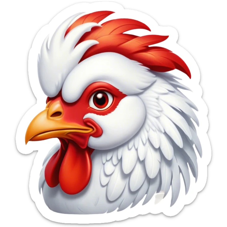 Cinematic Cute White Rooster Portrait Emoji, Head tilted playfully and inquisitively, featuring a glossy, immaculate white plumage with a vibrant red comb, round, sparkling eyes filled with curiosity, Simplified yet irresistibly adorable features, highly detailed, glowing with a warm, friendly glow, high shine, affectionate and spirited, stylized with a touch of farmyard whimsy, bright and endearing, soft glowing outline, capturing the essence of a mischievous yet loving rooster, so playful it feels like it could strut out of the screen and into your arms! sticker