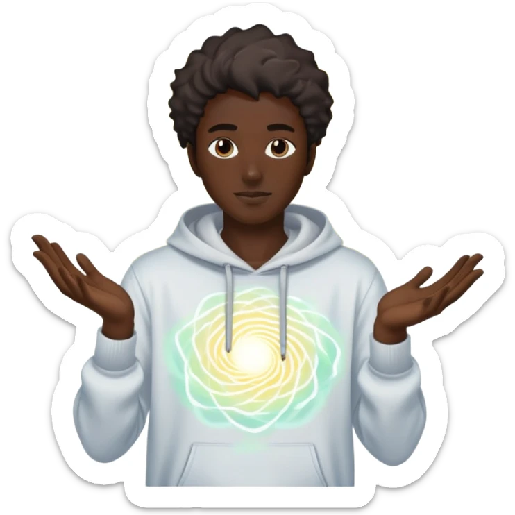 Male profile with casual streetwear clothing elements, radiating creative energy waves, ethereal style inspiration glow sticker