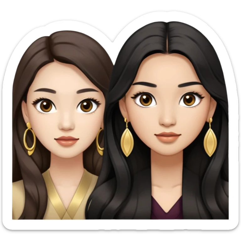 A two woman one is a asian with light skin and brown wavy long hair, big round brown eyes with long lashes and a bit of makeup and another is asian woman with black straight long hair with light tan skin and with big round dark brown eyes with full long lashes. Both wears a gold earrings sticker