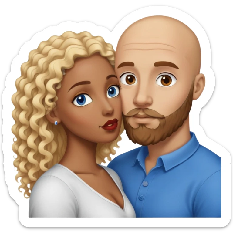 bald head man with brown eyes and beard kissing African woman with blue eyes and curly blonde hair sticker