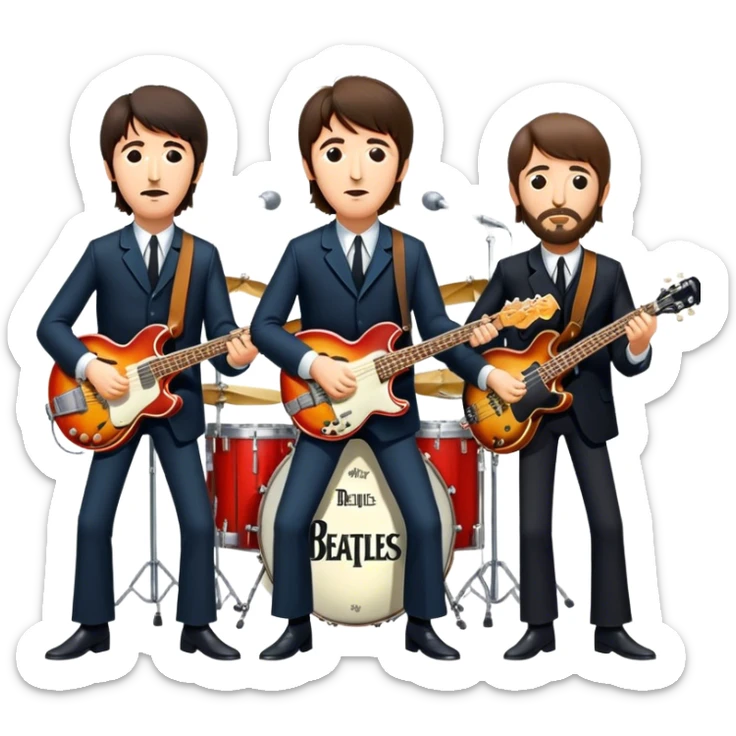 Rock music icon: The Beatles performing live on stage. John Lennon with guitar, Paul McCartney with bass, George Harrison with guitar, Ringo Starr on drums. Bright lights, energetic performance. Transparent background. sticker