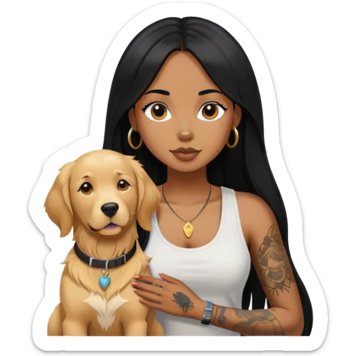a black girl with long black  straight hair with  tattoos on the chest in the tank top and  a golden retriever sticker