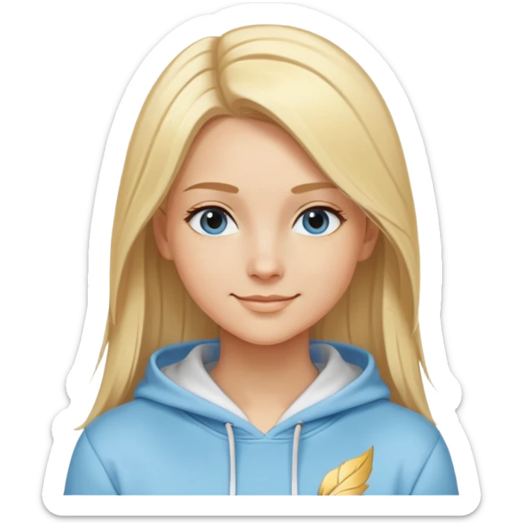 Woman with blonde straight hair and side part, serene smile, dreamy eyes, wearing a light blue fantasy-sporty hoodie with golden and white details sticker