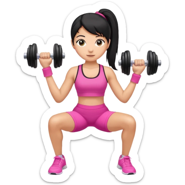 A tan girl with black hair in a ponytail. Wearing a pink gym set. Picking up dumbells sticker