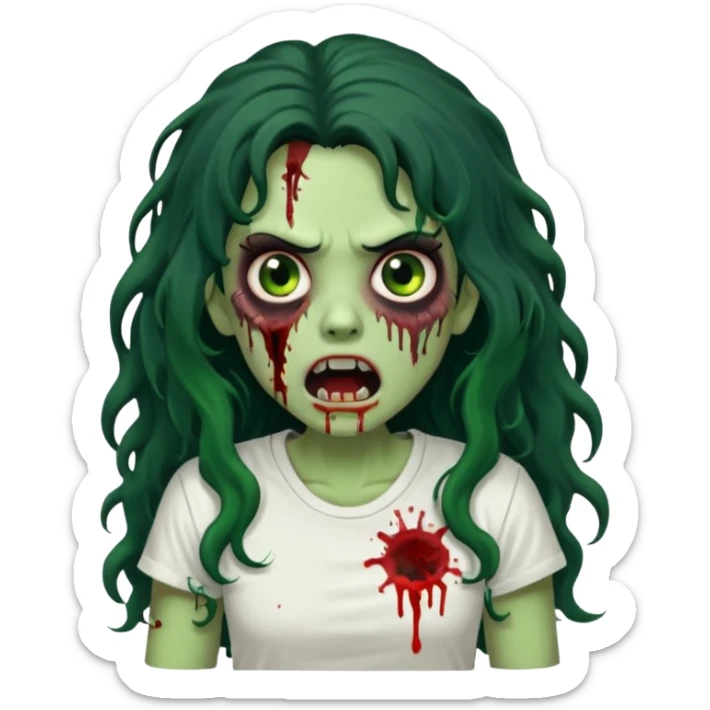 a zombie with long curly black hair volumoso, brown eyes, a white t-shirt and a splash of blood on her t-shirt, mouth open like a zombie, green skin color, not much expression, no drawing on shirt, no hands showing, less blood on her face, less blood, black hair and black eyes sticker