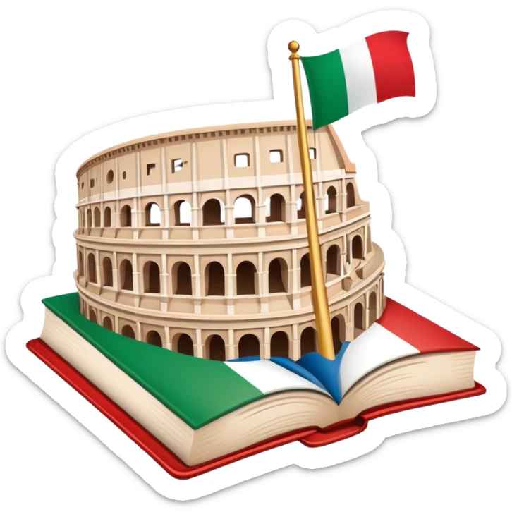 An icon featuring the Colosseum and the flag of Italy, symbolizing the Italian language. The design includes an open book with Italian phrases and a gondola, representing language learning and cultural exploration. Transparent background sticker