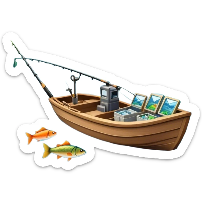 Icon for Fishing Travel: a boat on a calm lake surrounded by mountains and lush greenery, with fish jumping out of the water, a fishing rod, tackle box. The icon should capture the peaceful and adventurous nature of fishing trips. Transparent background. sticker