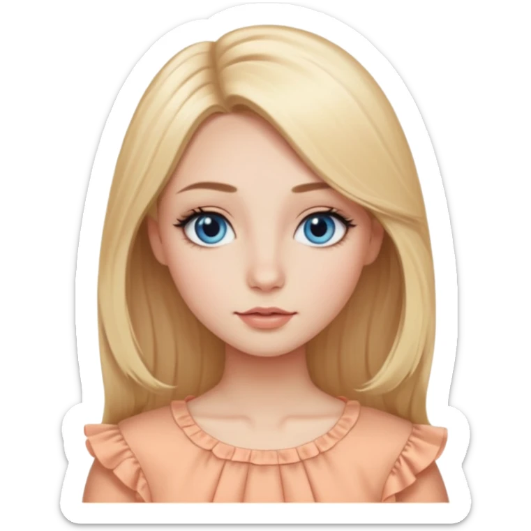 Blonde girl with small close-set blue eyes and eyeliner, long and straight eyebrows, long round nose, wide not full lips, long oval face shape, ruffle peach top, long blow out hair, middle part  sticker