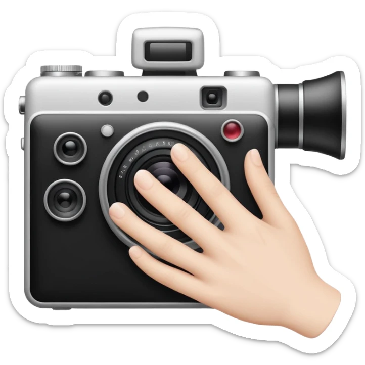 Minimalist emoji-style sticker of a photo camera ejecting a photo, but a hand comes out instead. Black and white, surreal icon.
 sticker