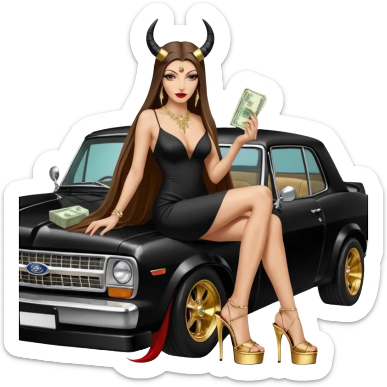 Sensual queen long brown straight haired sexy drug lord woman with  glitter platform high heels on her feet,  and devil black horns on her head, holding a stack of cash, has a phone in other hand. Sitting on the hood of a  gold ford350 pickup truck  full of drugs, long black dress with sexy slit sticker