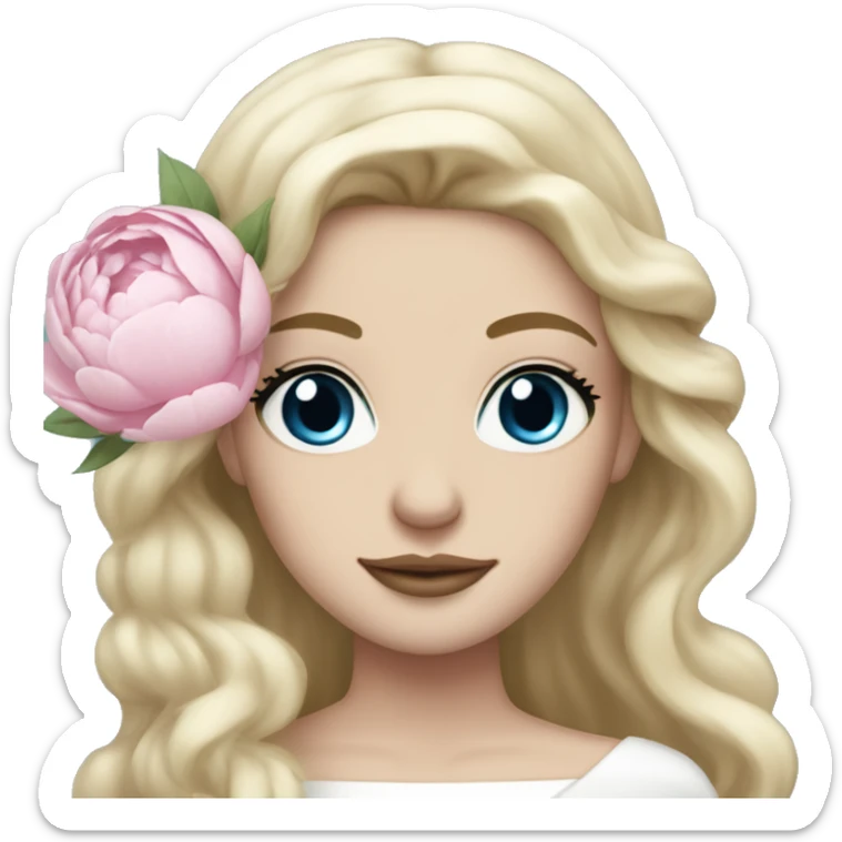 White bride with long light blonde hair and blue eyes with light pink peonies in hair white skin  sticker