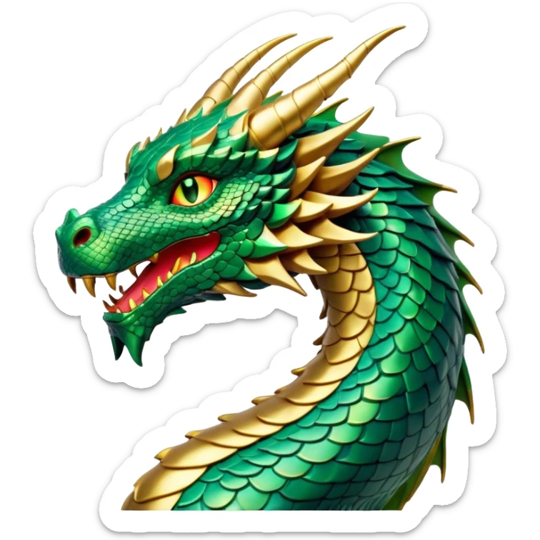 Cinematic Noble Dragon Portrait Emoji, Poised and majestic, with a sinuous, elongated body covered in intricately detailed, shimmering scales in hues of emerald and gold, and piercing, fiery eyes that reflect ancient wisdom; rendered with lifelike texture and natural highlights, high shine, intelligent and formidable, styled with an aura of mythic power, focused and attentive, soft glowing outline, capturing the essence of a legendary dragon that appears ready to soar out of the screen with timeless authority! sticker