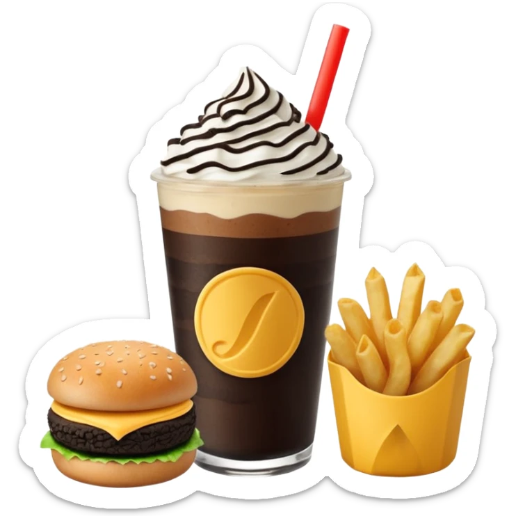 Crea una escena estilo restaurante que incluya: una 🍔 hamburguesa jugosa, un 🥤 frappé de galleta oreo en vaso de vidrio con popote, 🍟 papas fritas sticker