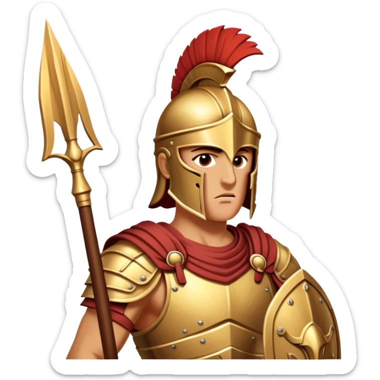Cinematic-realistic Achilles emoji portrait fearlessly on the battlefield of Troy. His trojan armor gleams , each intricate engraving telling tales of his past glories. His piercing gaze locks onto his foe, his grip tightening around his spear.  sticker
