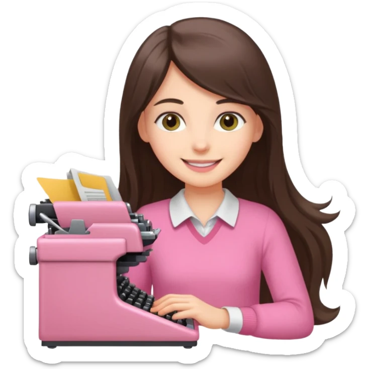 smiling white long brunette hair girl with hazel eyes wearing pink typing on a typewriter sticker