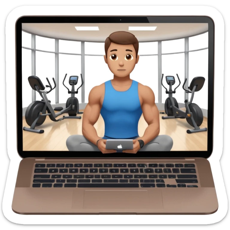 Open laptop on a dark background, showing a male fitness trainer inside a modern professional gym on the screen— smooth rounded edges, soft lighting, no text or logos, minimalistic and high-quality rendering. Only the laptop is visible, centered sticker