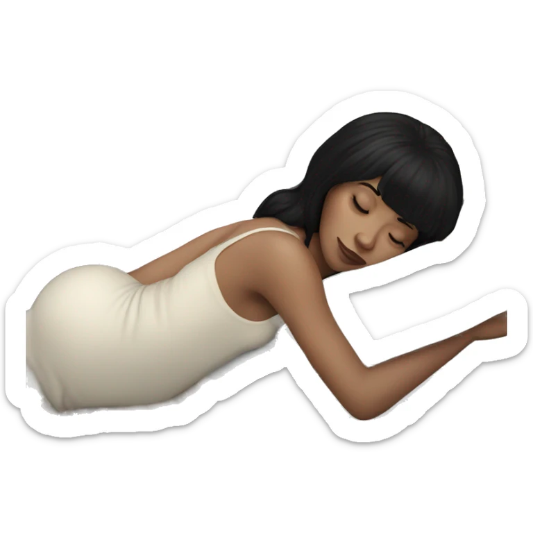 Woman pale skin black hair with bangs sleeping in bed with pillow, white woman sticker