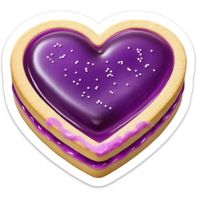 Realistic shortbread cookie in the shape of a heart with violet jelly middle filling and sprinkled powder sugar on top. sticker