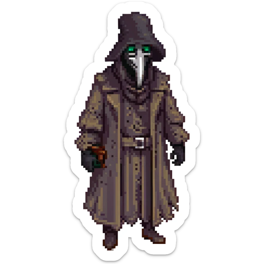 SCP-049 as a cursed emoji, unsettling, plague doctor mask, dark aura, creepy expression, horror vibe sticker