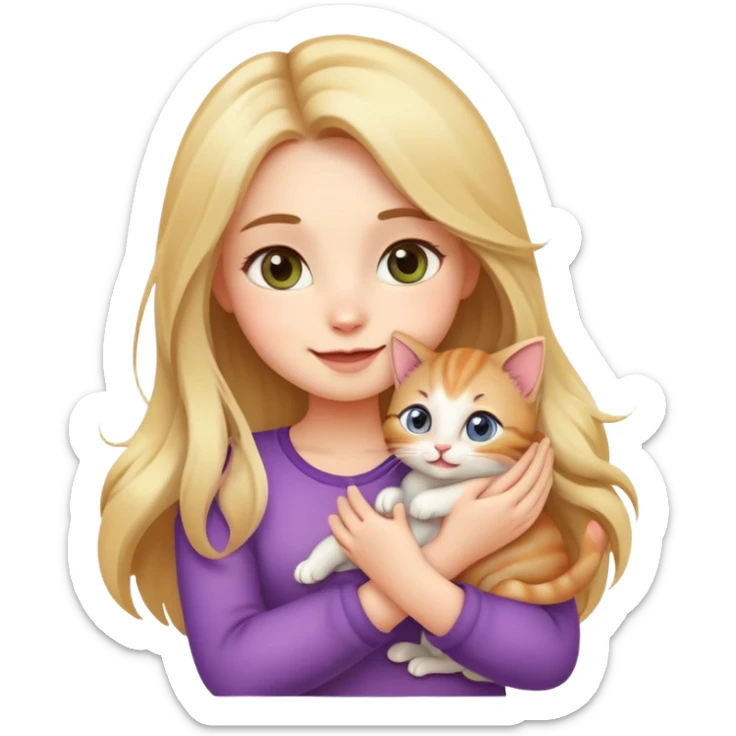 "Create a cute emoji of a beautiful girl holding a small kitten in her arms. The girl has soft features, long flowing hair, and a gentle smile. The kitten looks cozy and happy. The style should be colorful, charming, and expressive, with big sparkling eyes and a warm, loving vibe." sticker