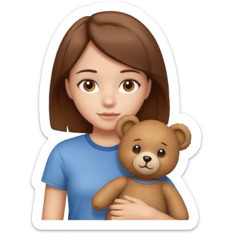 A Girl with Brown hair and Brown eyes with a t-shirt of a Teddy bear sticker