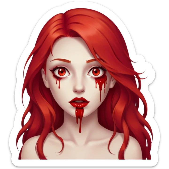 a woman with long red hair and red eyes. She have red lipstick. blood on face and metaphorical chest sticker