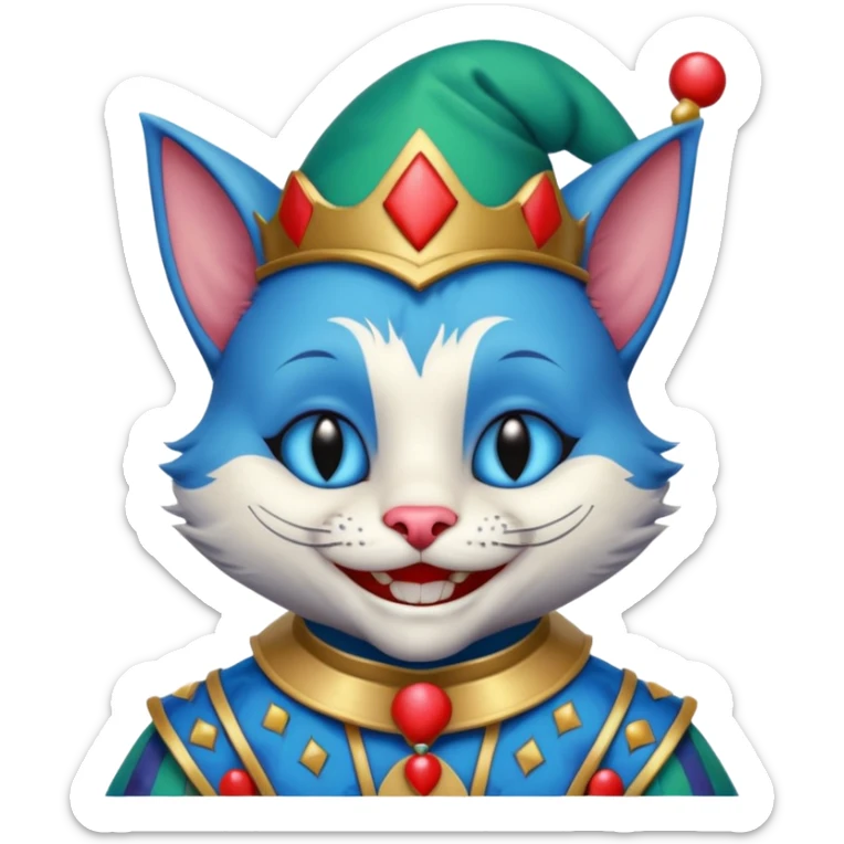 crazy colorful cute little cat jolly joker from poker, medieval, vintage, court jester, mac os icon, blue color, half body sticker