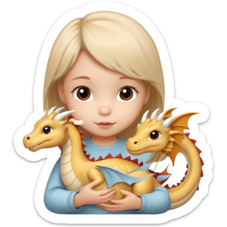 Little baby girl in beige holding a cute beige dragon sticker