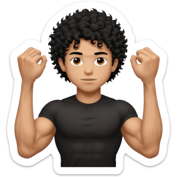 muscular teen boy with veiny hands arms and biceps. has messy black curly hair with dark-tan skintone with black tshirt sticker