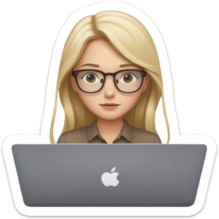 Girl in glasses, blonde long hair, with MacBook , brown blouse, typing on gray MacBook sticker