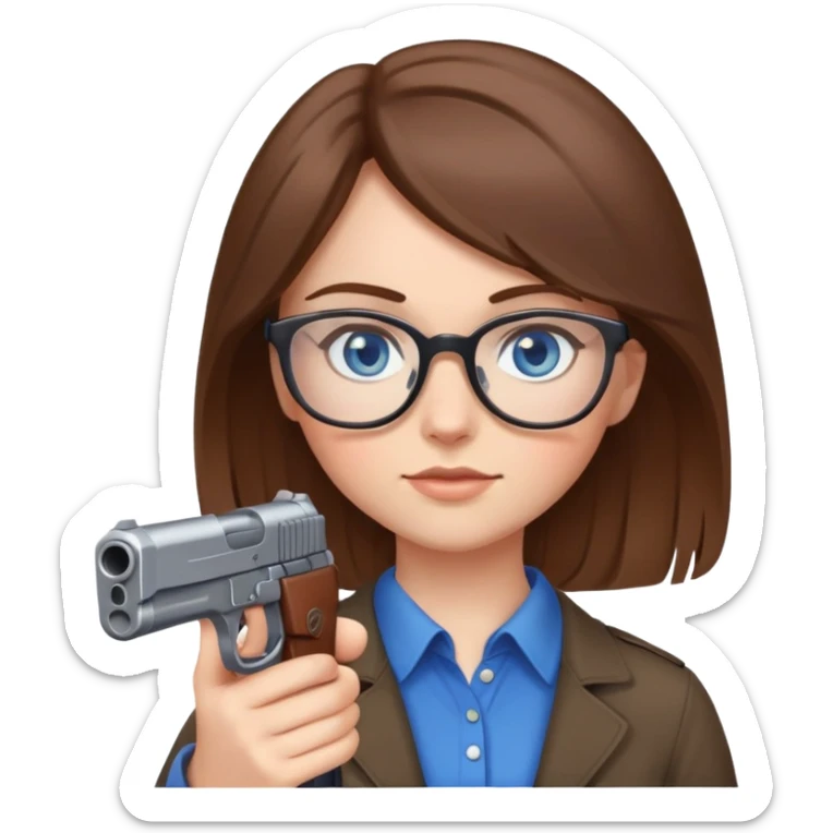 Brown hair blue eyes with glasses girl holding gun up sticker