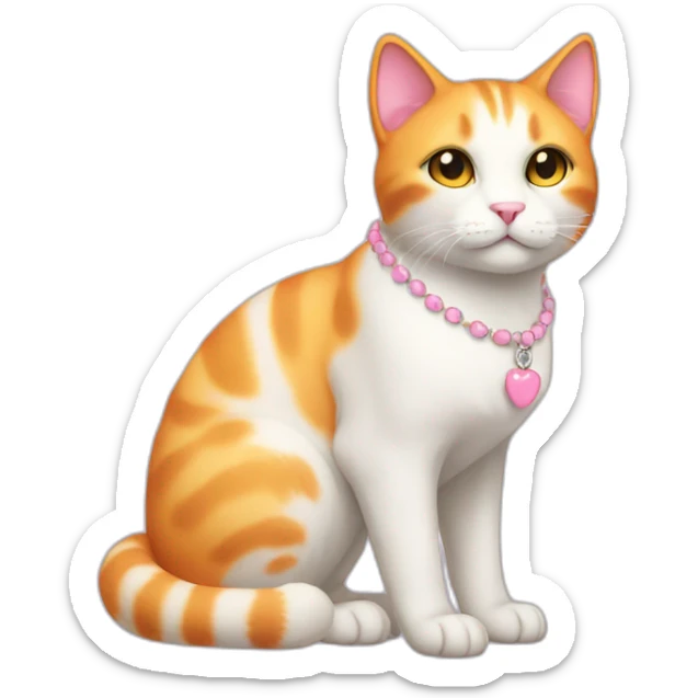 full body white orange cat cute with a small black eyes and a paw pink necklace sticker