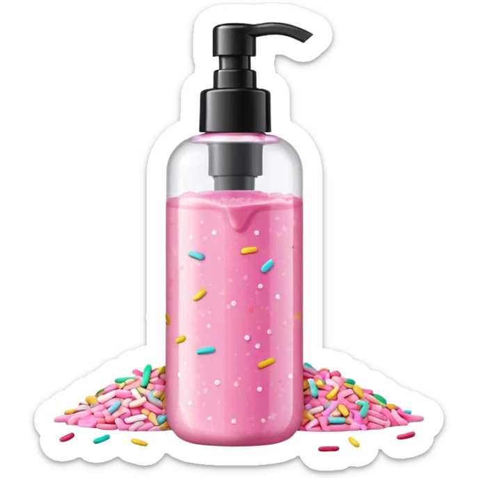Pink shower gel light pink bottle with sprinkles and confeti on the bottle  sticker