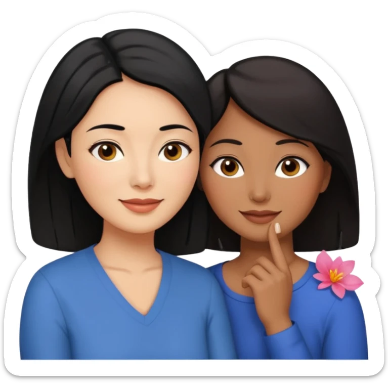 Middle aged brown woman with black hair, beside a middle aged asian woman with dark brown hair touching their cheek sticker